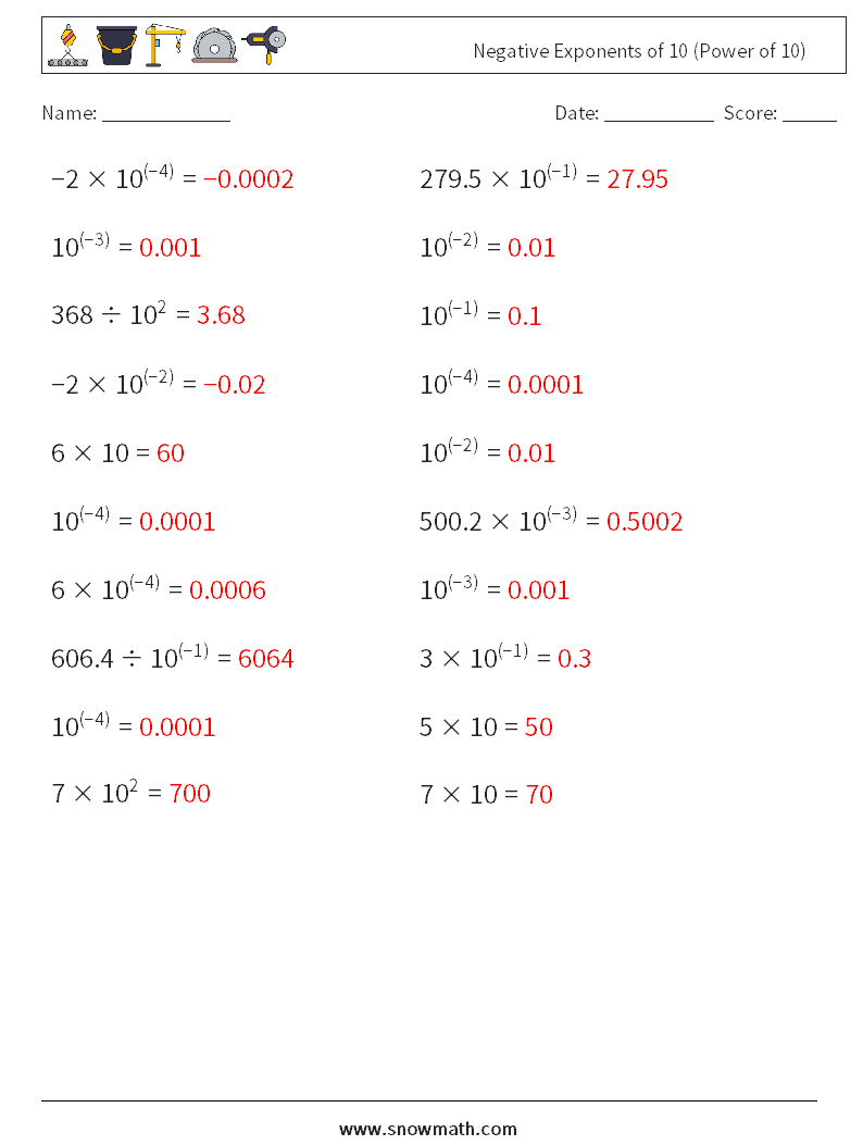 Negative Exponents of 10 (Power of 10) Math Worksheets 2 Question, Answer