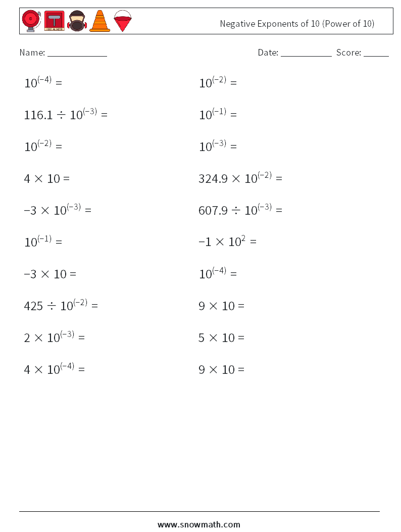 Negative Exponents of 10 (Power of 10) Math Worksheets 3