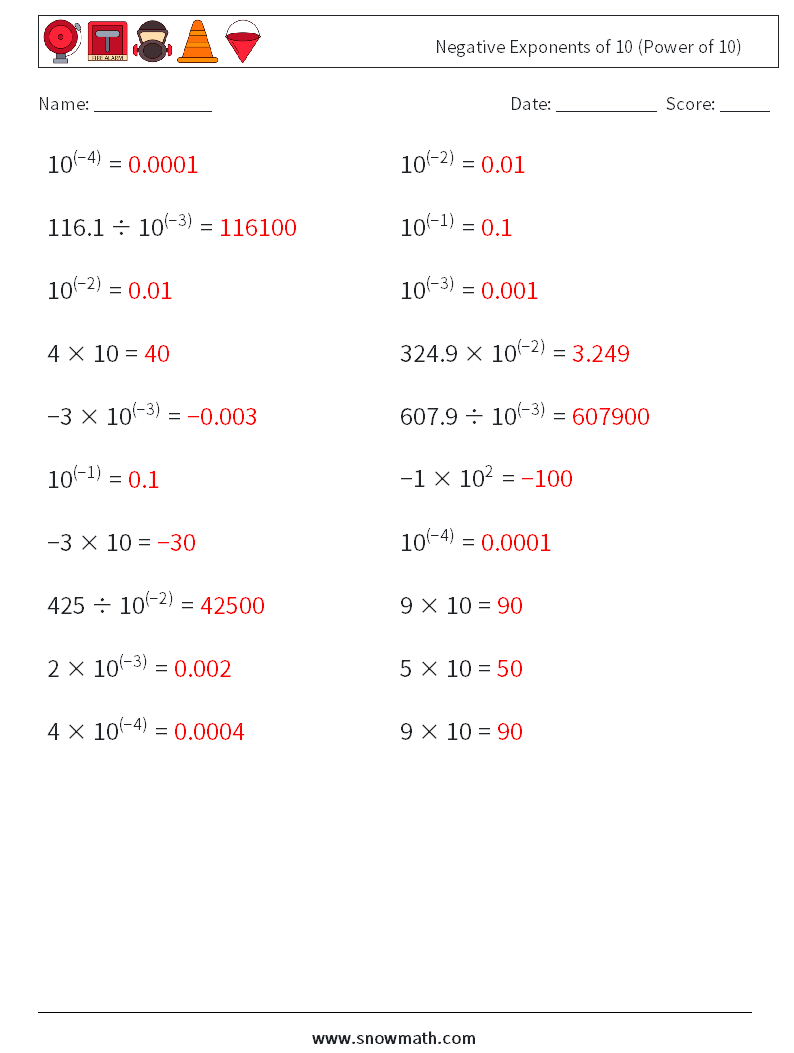 Negative Exponents of 10 (Power of 10) Math Worksheets 3 Question, Answer