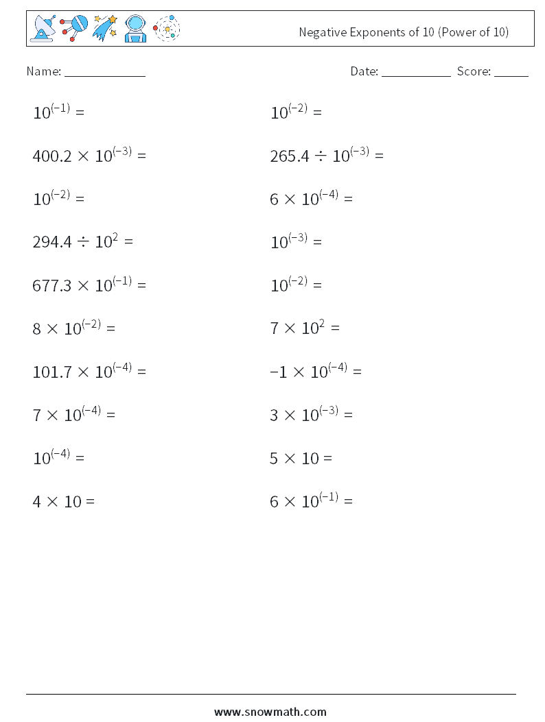 Negative Exponents of 10 (Power of 10) Math Worksheets 4