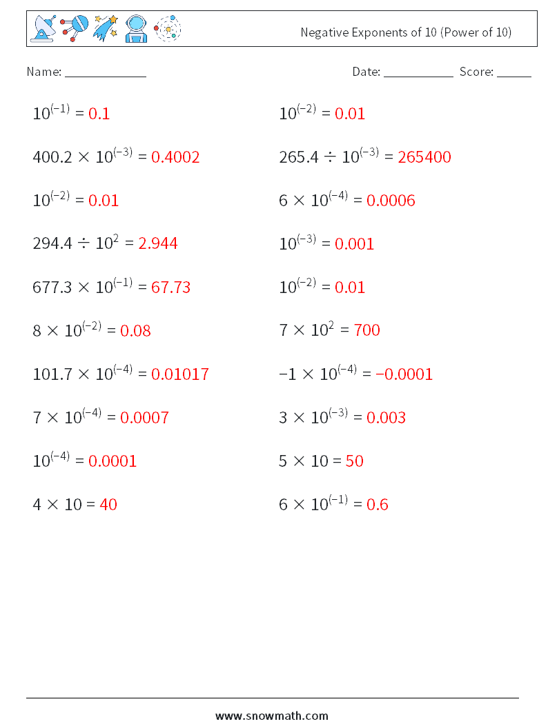 Negative Exponents of 10 (Power of 10) Math Worksheets 4 Question, Answer