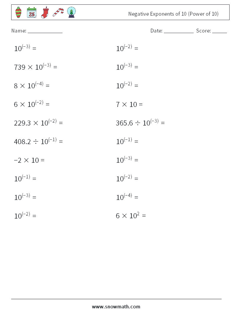 Negative Exponents of 10 (Power of 10) Math Worksheets 5