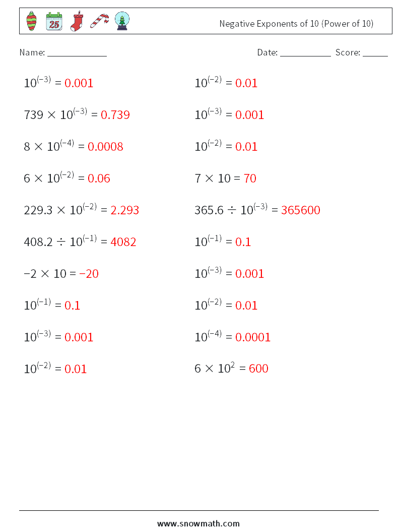 Negative Exponents of 10 (Power of 10) Math Worksheets 5 Question, Answer