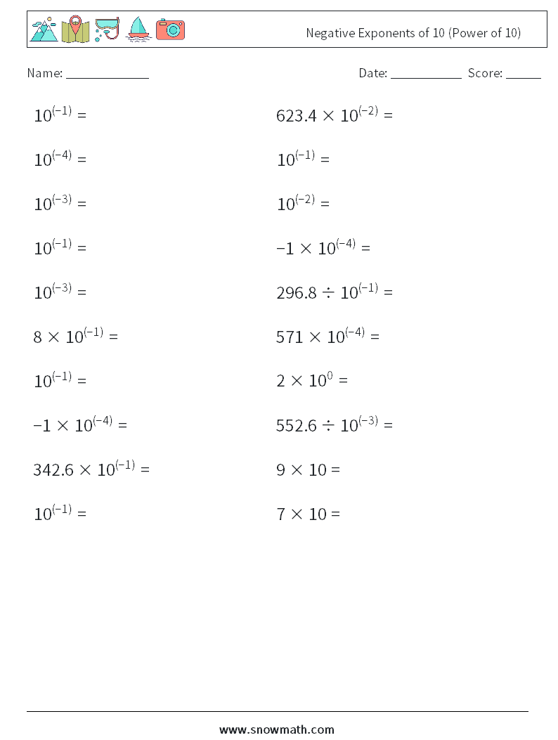 Negative Exponents of 10 (Power of 10) Math Worksheets 6