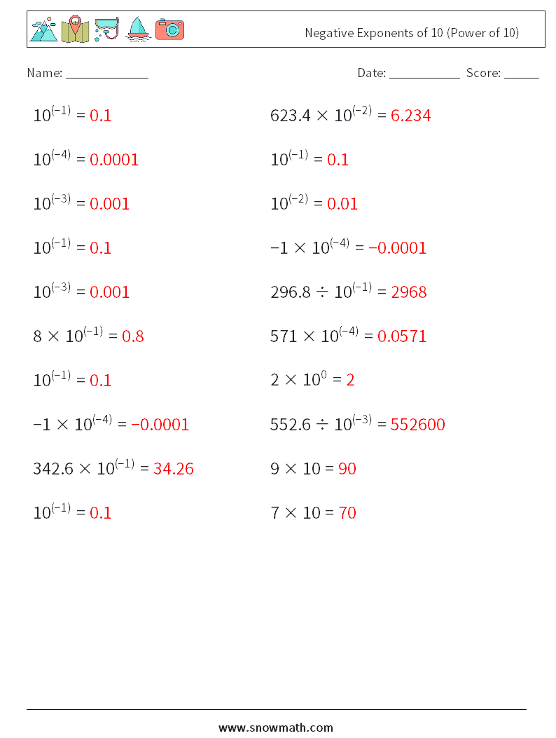 Negative Exponents of 10 (Power of 10) Math Worksheets 6 Question, Answer