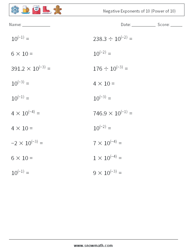 Negative Exponents of 10 (Power of 10) Math Worksheets 7