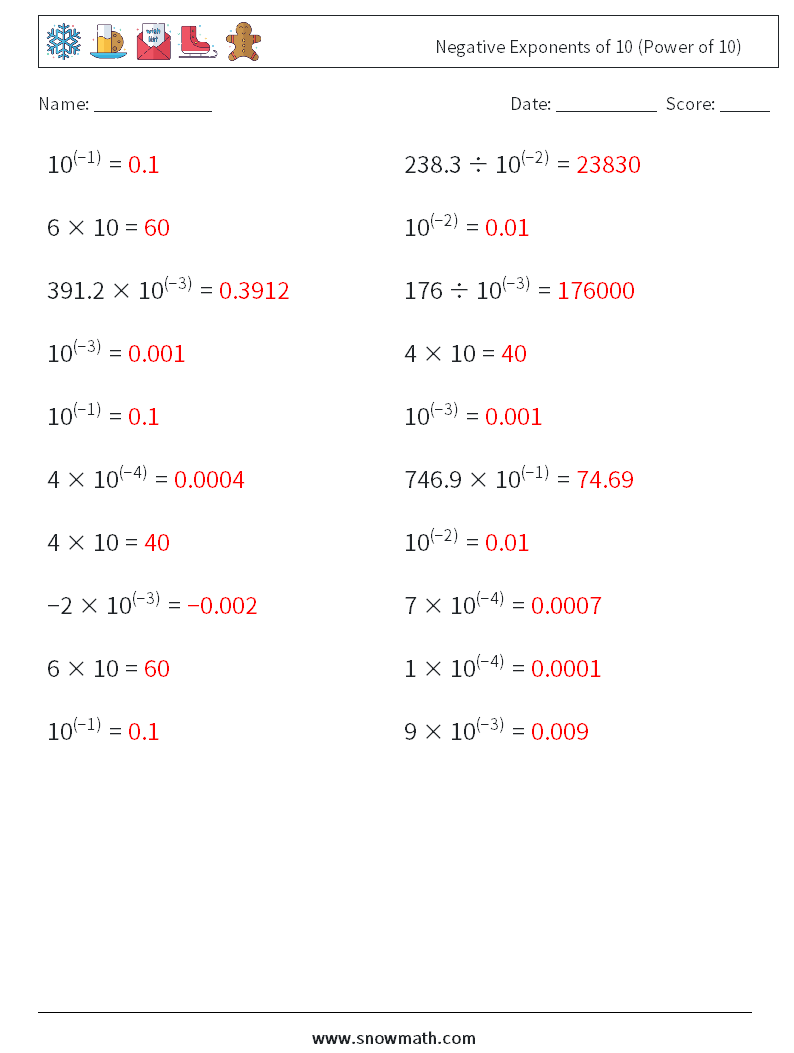 Negative Exponents of 10 (Power of 10) Math Worksheets 7 Question, Answer