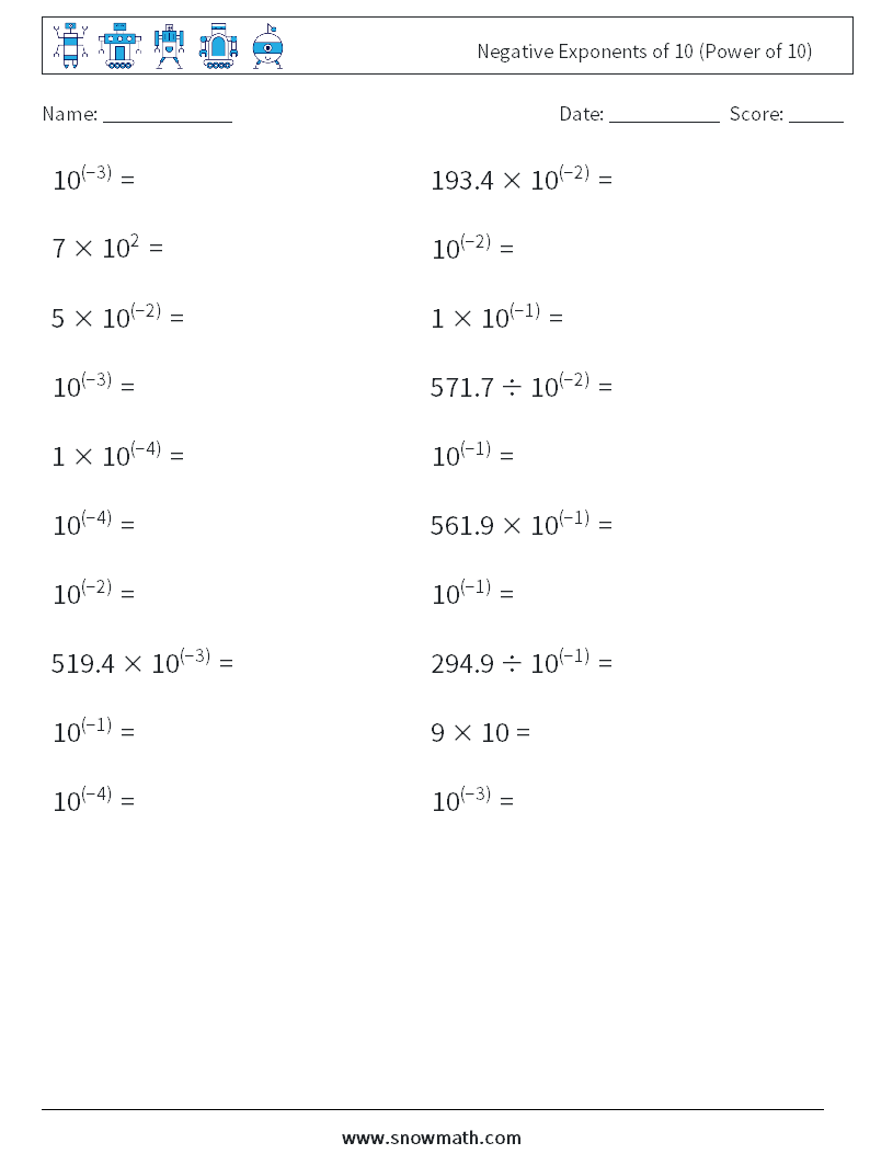 Negative Exponents of 10 (Power of 10) Math Worksheets 8