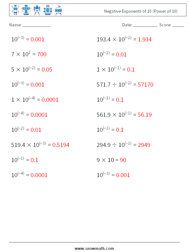 Negative Exponents of 10 (Power of 10) Math Worksheets 8 Question, Answer