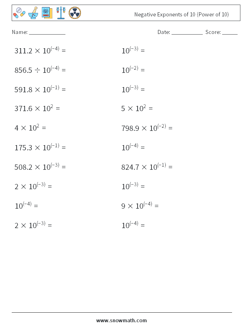 Negative Exponents of 10 (Power of 10) Math Worksheets 9