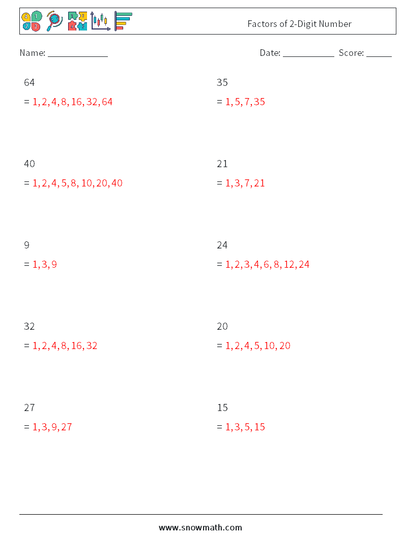 Factors of 2-Digit Number Math Worksheets 1 Question, Answer