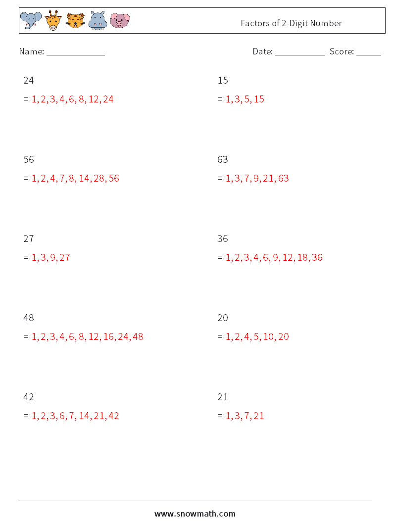 Factors of 2-Digit Number Math Worksheets 3 Question, Answer