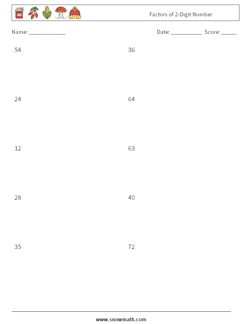 Factors of 2-Digit Number Math Worksheets 4