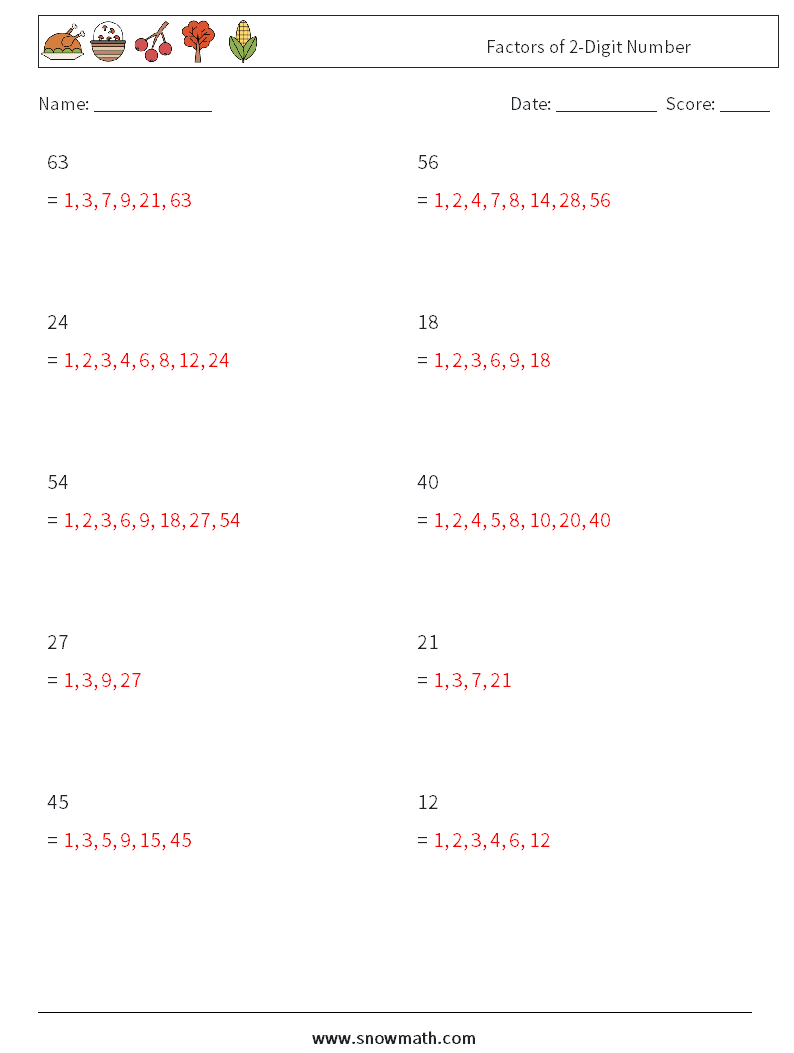 Factors of 2-Digit Number Math Worksheets 5 Question, Answer