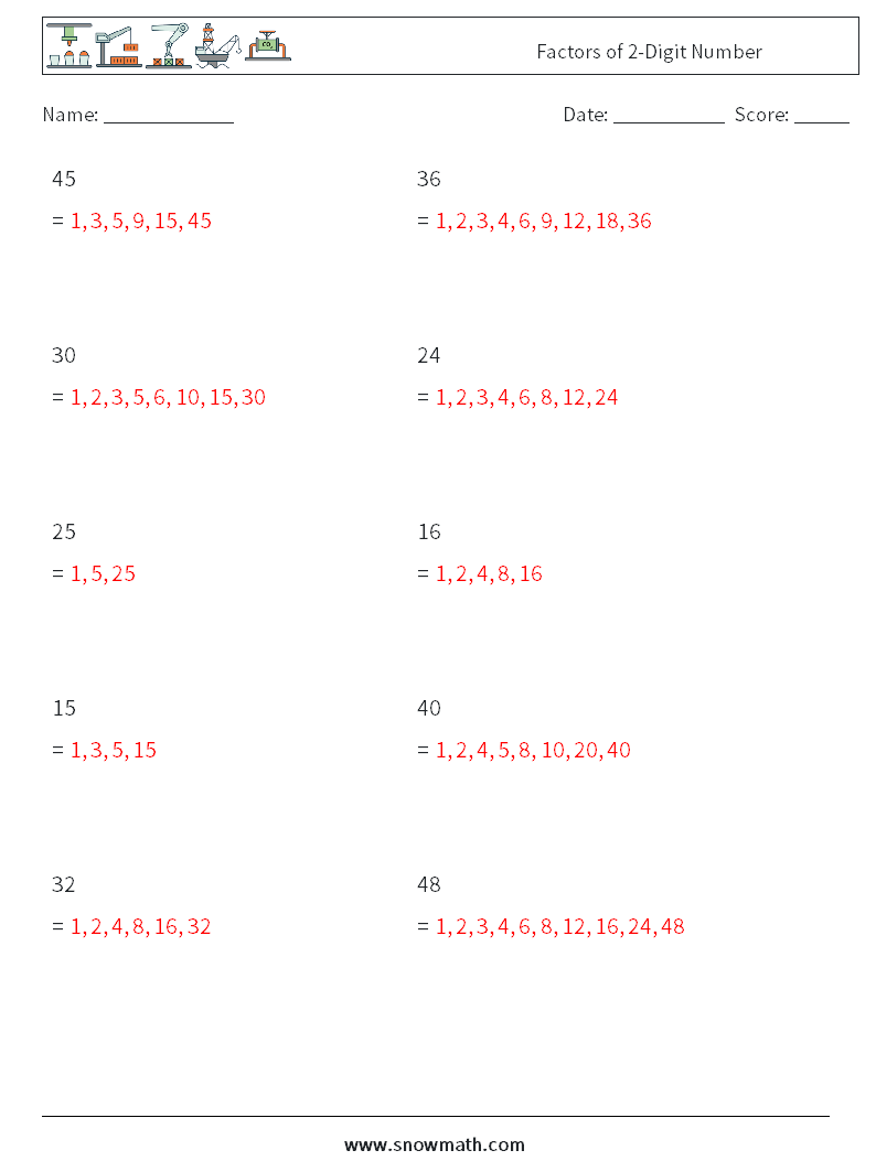 Factors of 2-Digit Number Math Worksheets 6 Question, Answer