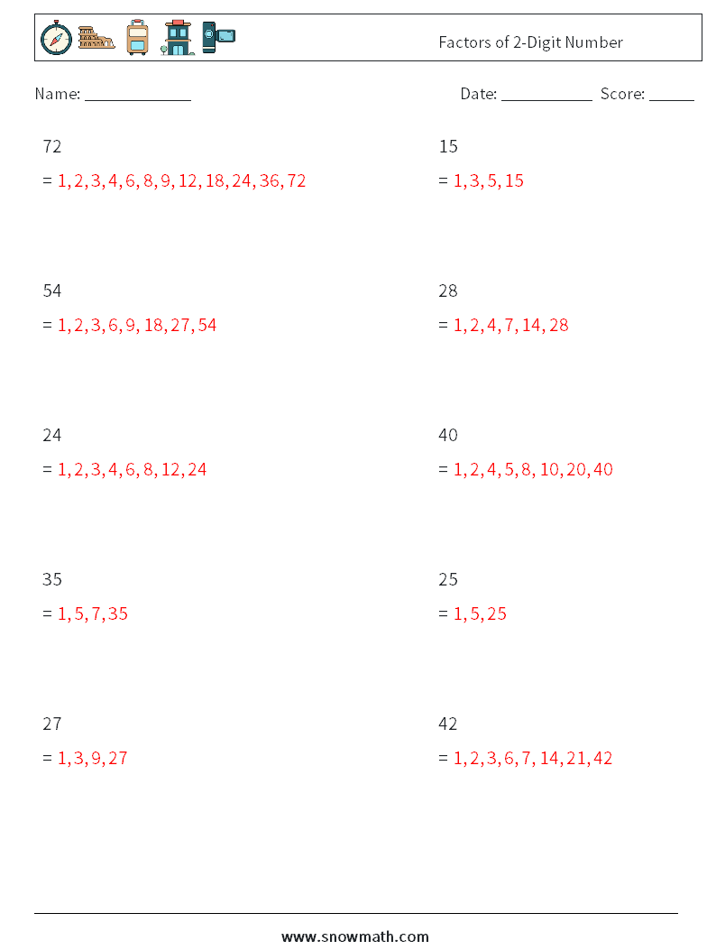 Factors of 2-Digit Number Math Worksheets 7 Question, Answer