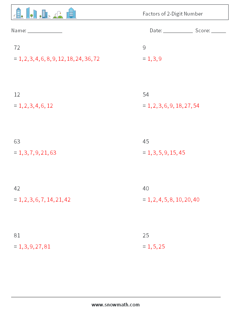 Factors of 2-Digit Number Math Worksheets 8 Question, Answer