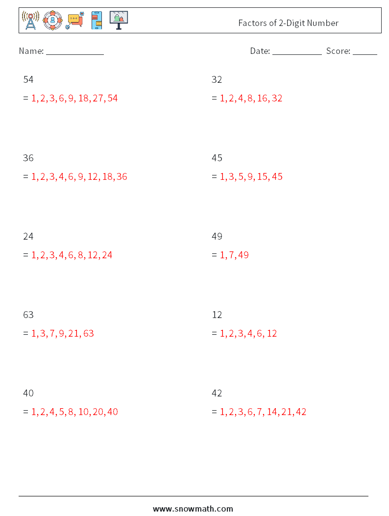 Factors of 2-Digit Number Math Worksheets 9 Question, Answer