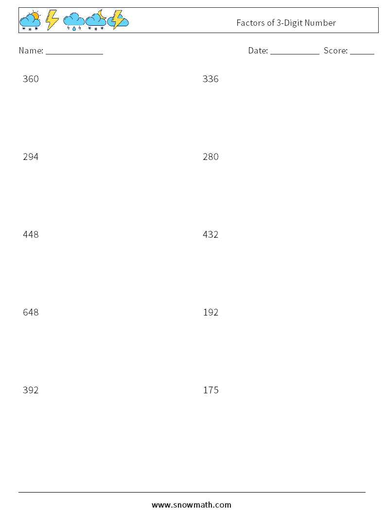 Factors of 3-Digit Number Math Worksheets 1