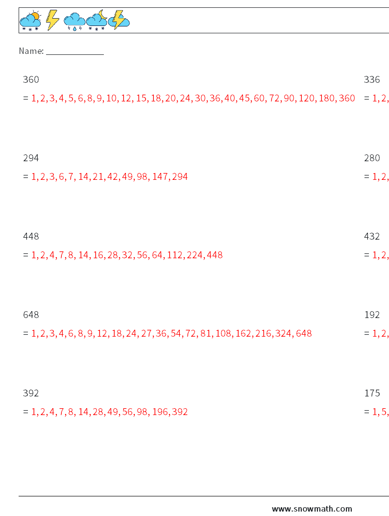 Factors of 3-Digit Number Math Worksheets 1 Question, Answer