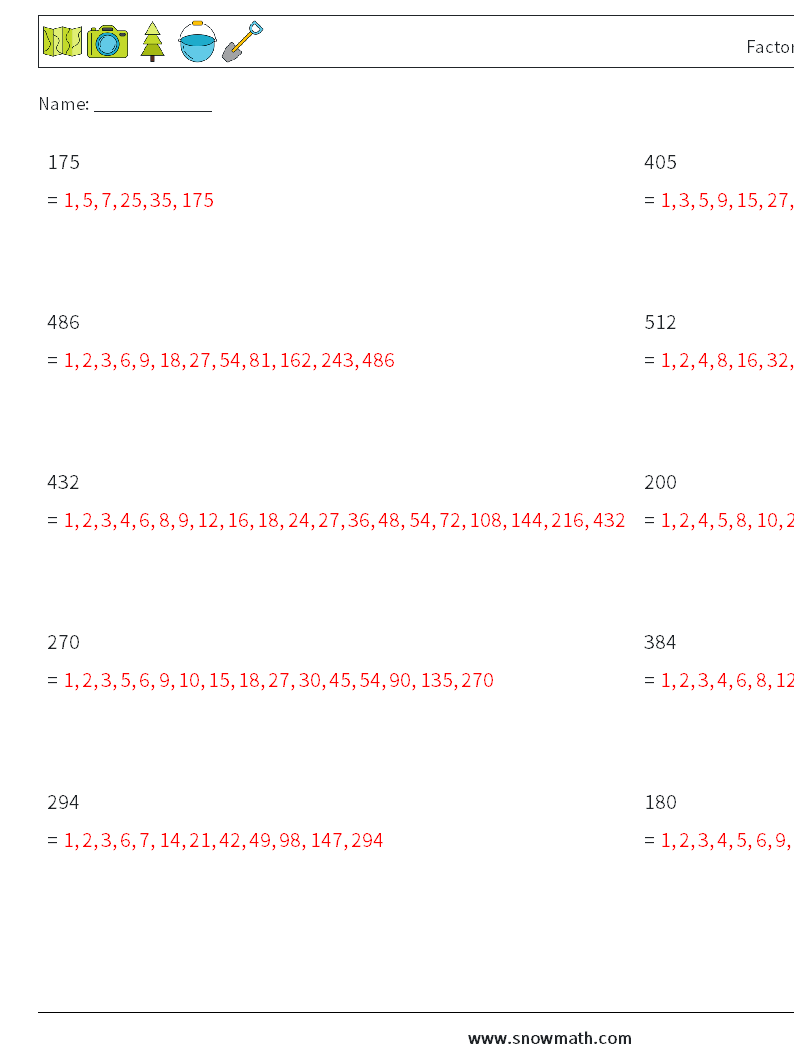 Factors of 3-Digit Number Math Worksheets 2 Question, Answer