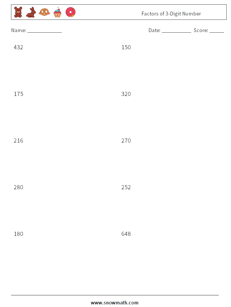 Factors of 3-Digit Number Math Worksheets 3