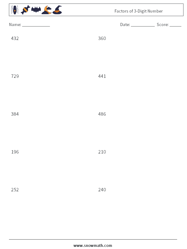 Factors of 3-Digit Number Math Worksheets 6