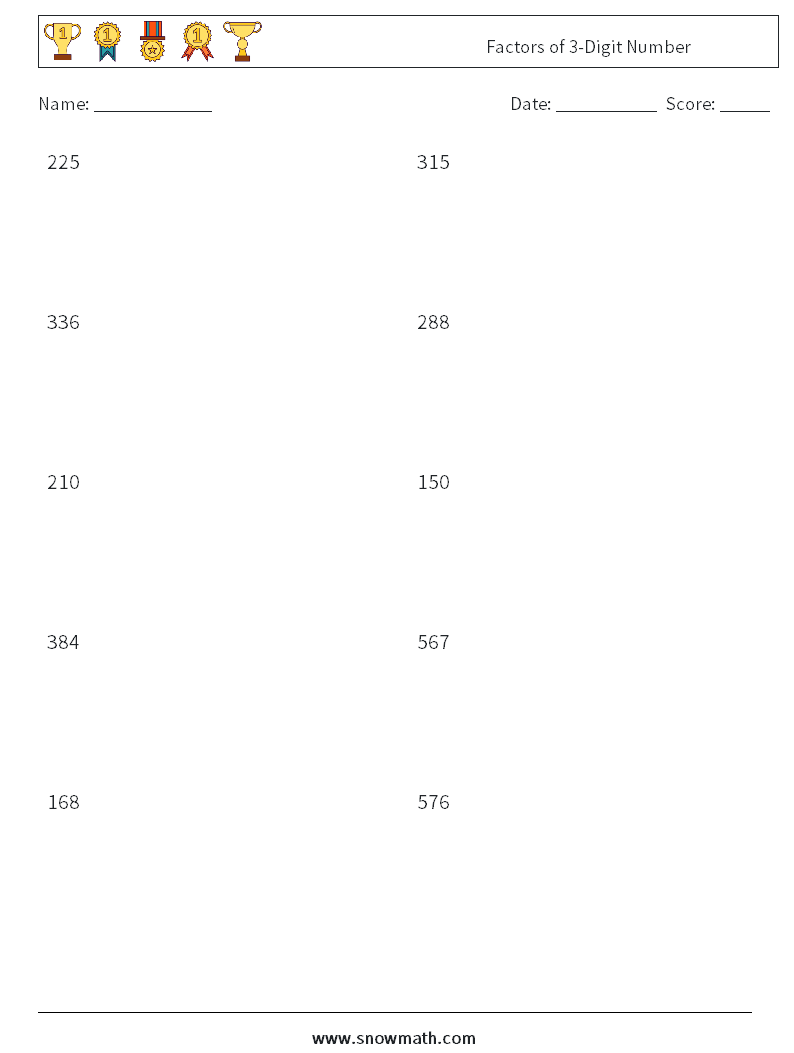 Factors of 3-Digit Number Math Worksheets 7