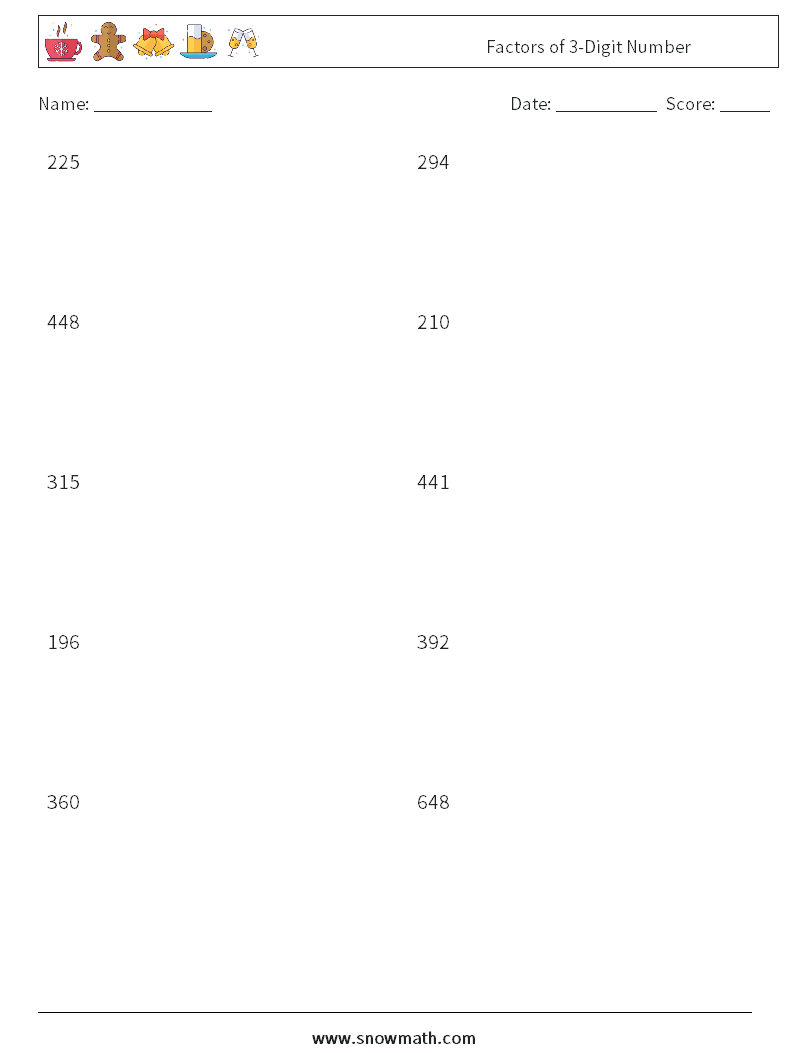 Factors of 3-Digit Number Math Worksheets 9
