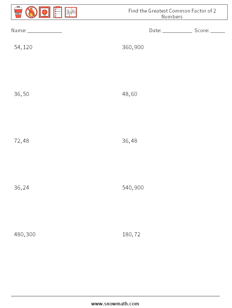 Find the Greatest Common Factor of 2 Numbers Math Worksheets 1