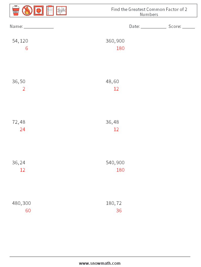 Find the Greatest Common Factor of 2 Numbers Math Worksheets 1 Question, Answer