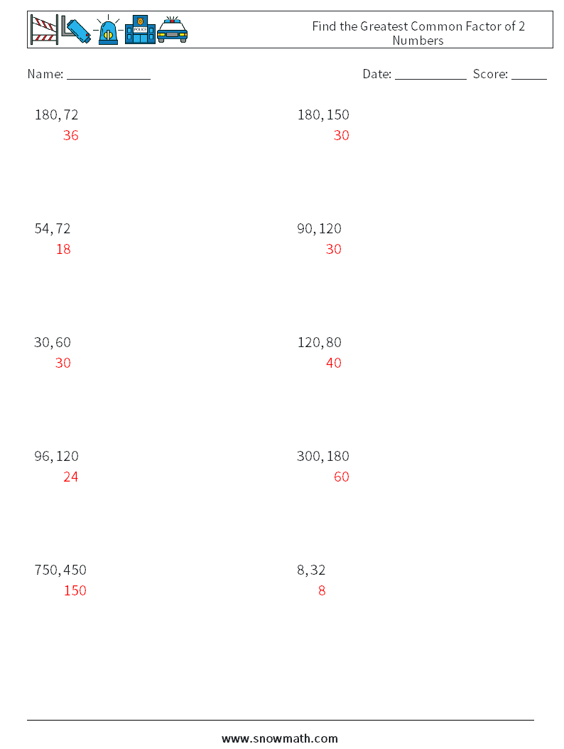 Find the Greatest Common Factor of 2 Numbers Math Worksheets 2 Question, Answer