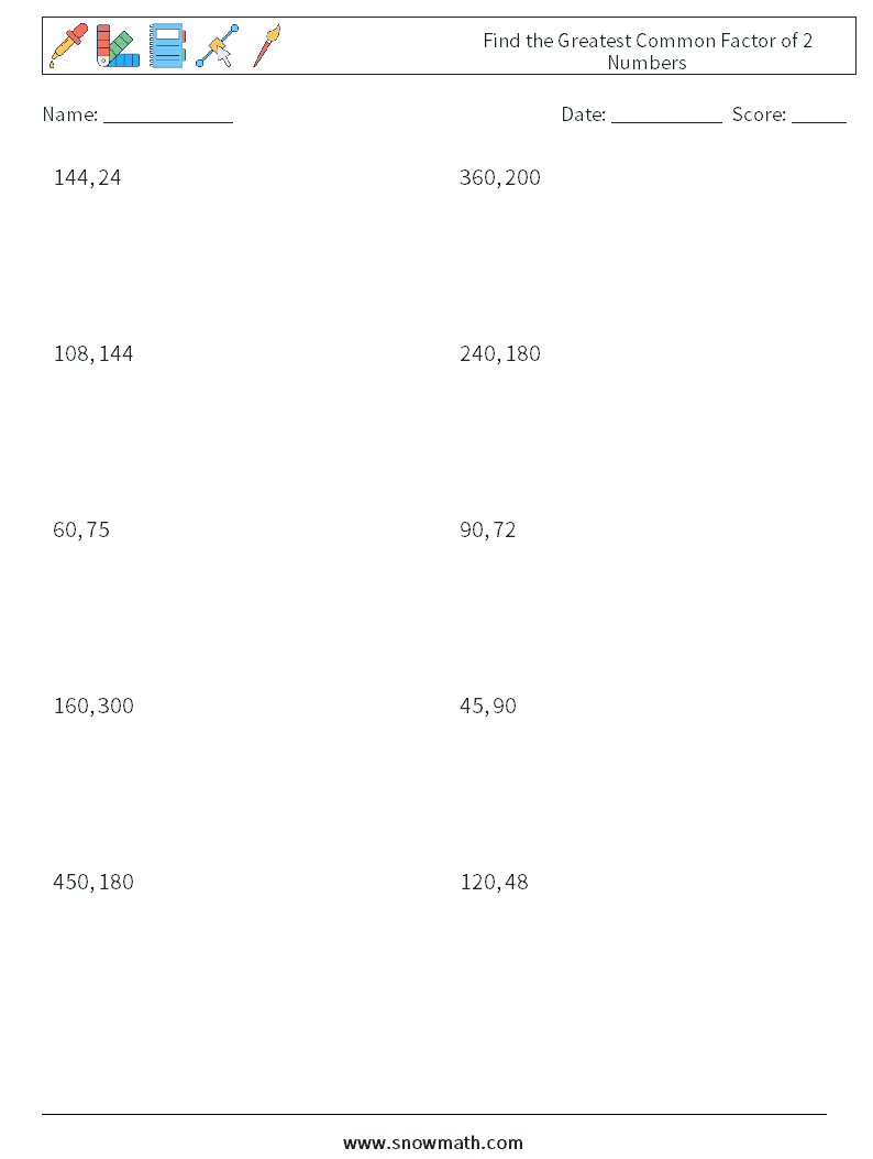 Find the Greatest Common Factor of 2 Numbers Math Worksheets 3