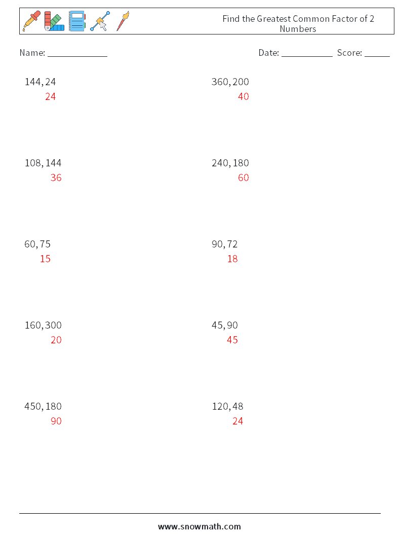 Find the Greatest Common Factor of 2 Numbers Math Worksheets 3 Question, Answer