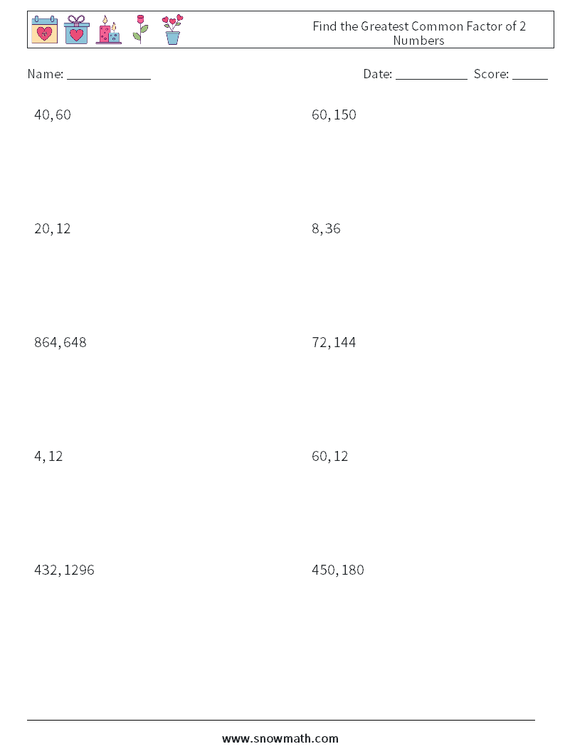 Find the Greatest Common Factor of 2 Numbers Math Worksheets 4