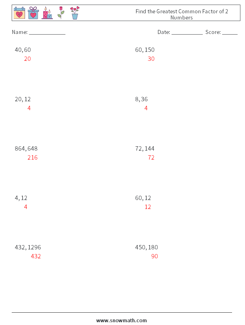 Find the Greatest Common Factor of 2 Numbers Math Worksheets 4 Question, Answer