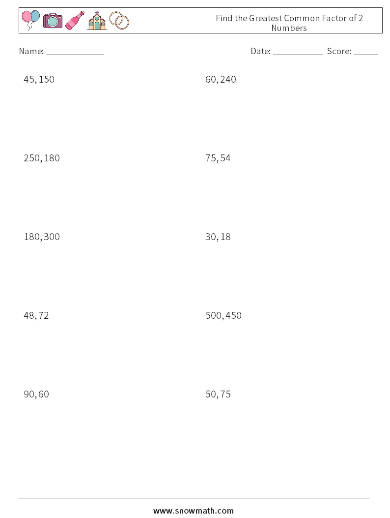 Find the Greatest Common Factor of 2 Numbers Math Worksheets 5