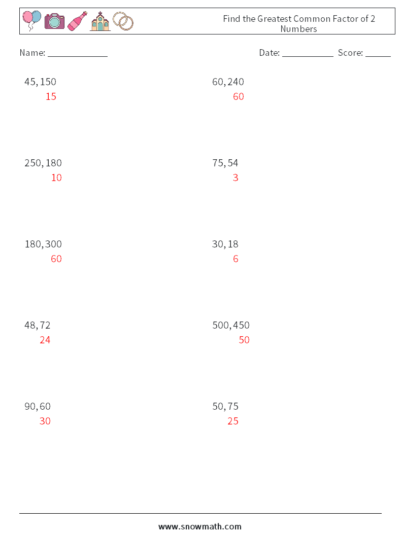 Find the Greatest Common Factor of 2 Numbers Math Worksheets 5 Question, Answer