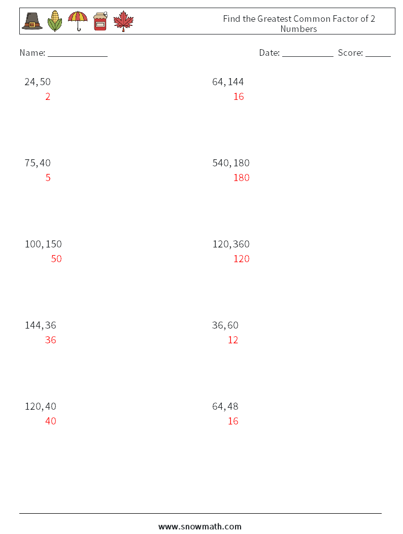 Find the Greatest Common Factor of 2 Numbers Math Worksheets 6 Question, Answer