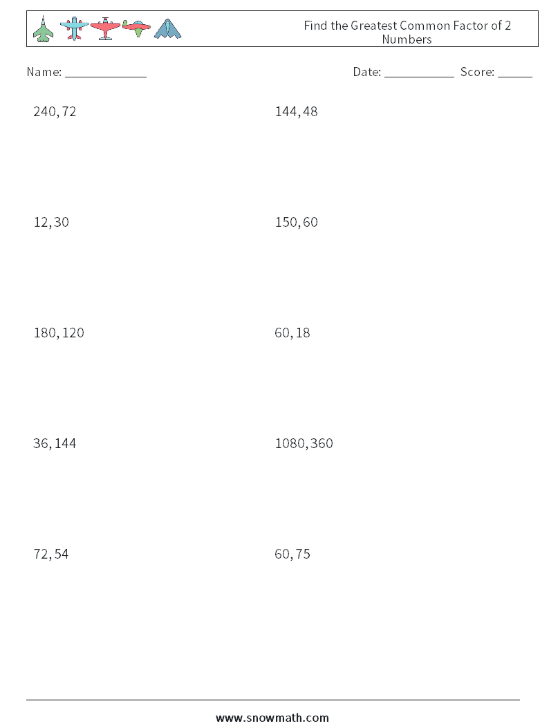 Find the Greatest Common Factor of 2 Numbers Math Worksheets 7