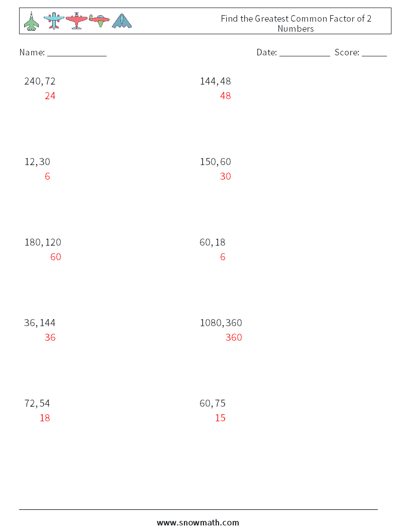 Find the Greatest Common Factor of 2 Numbers Math Worksheets 7 Question, Answer