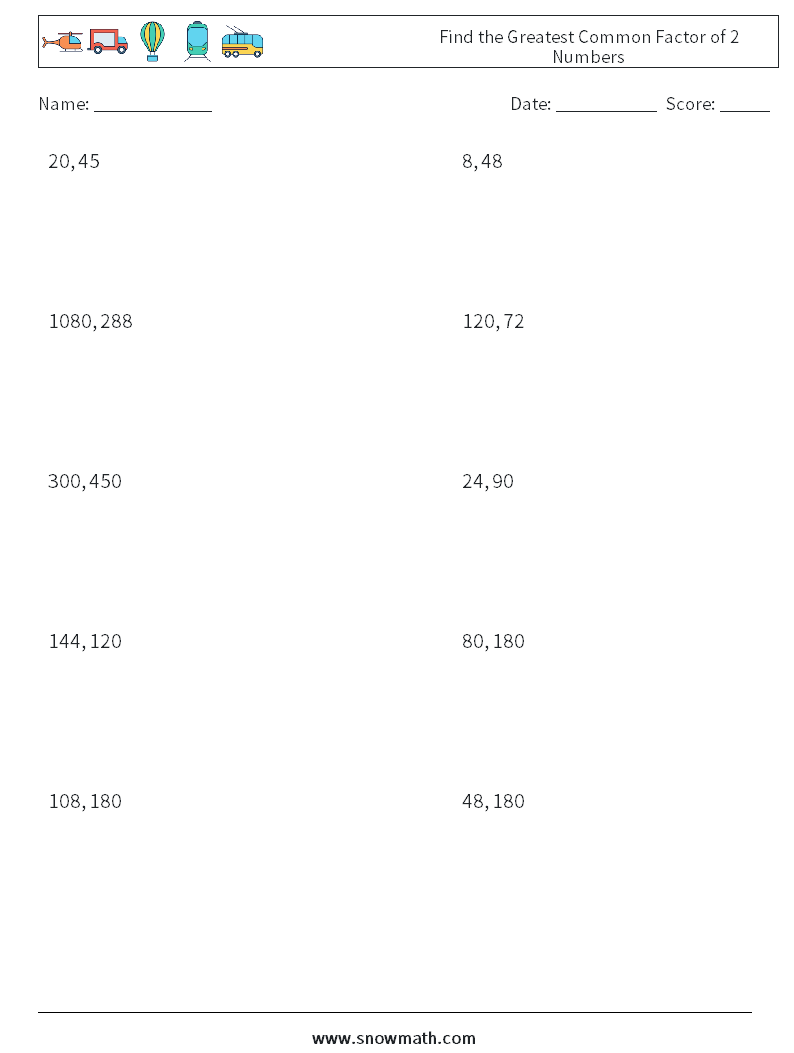 Find the Greatest Common Factor of 2 Numbers Math Worksheets 9