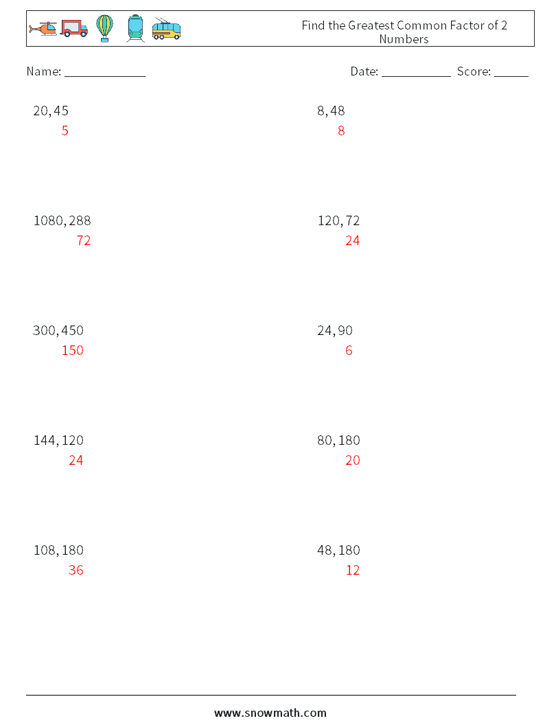 Find the Greatest Common Factor of 2 Numbers Math Worksheets 9 Question, Answer