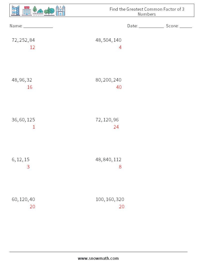 Find the Greatest Common Factor of 3 Numbers Math Worksheets 1 Question, Answer