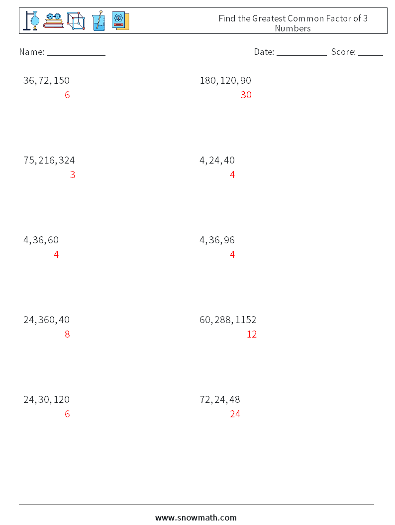 Find the Greatest Common Factor of 3 Numbers Math Worksheets 2 Question, Answer