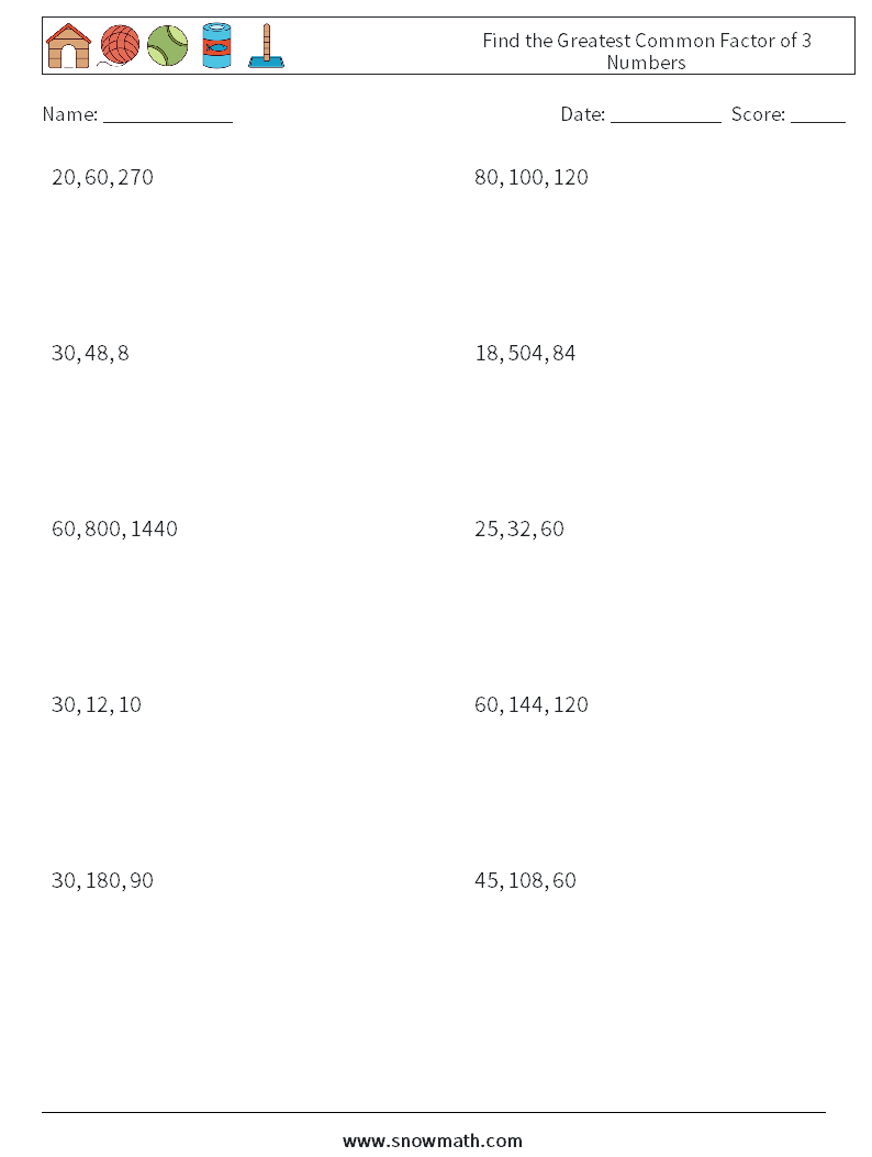 Find the Greatest Common Factor of 3 Numbers Math Worksheets 3