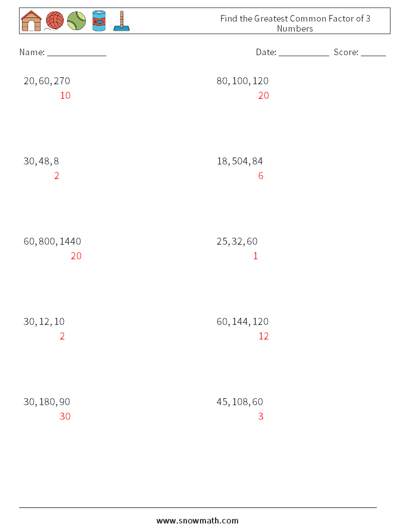 Find the Greatest Common Factor of 3 Numbers Math Worksheets 3 Question, Answer