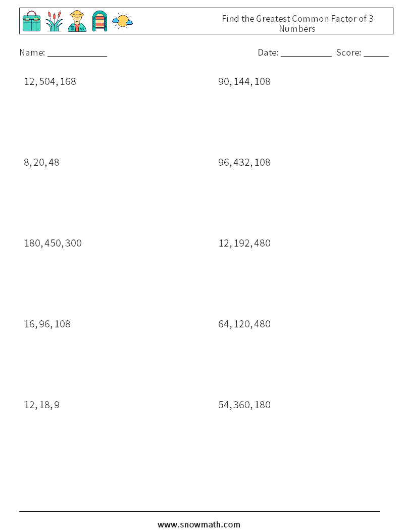 Find the Greatest Common Factor of 3 Numbers Math Worksheets 4