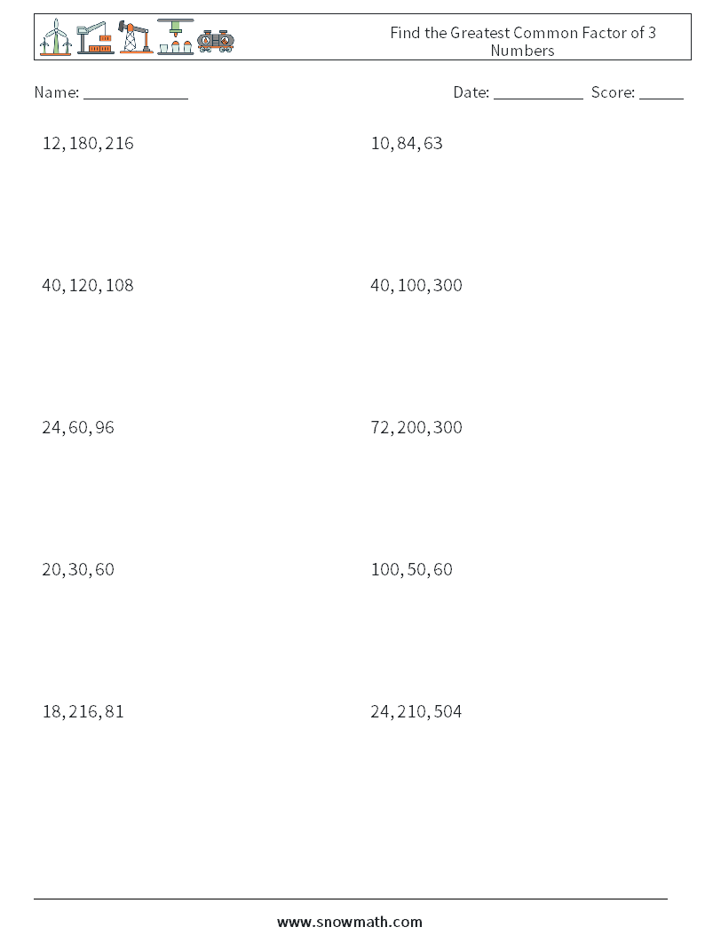 Find the Greatest Common Factor of 3 Numbers Math Worksheets 5