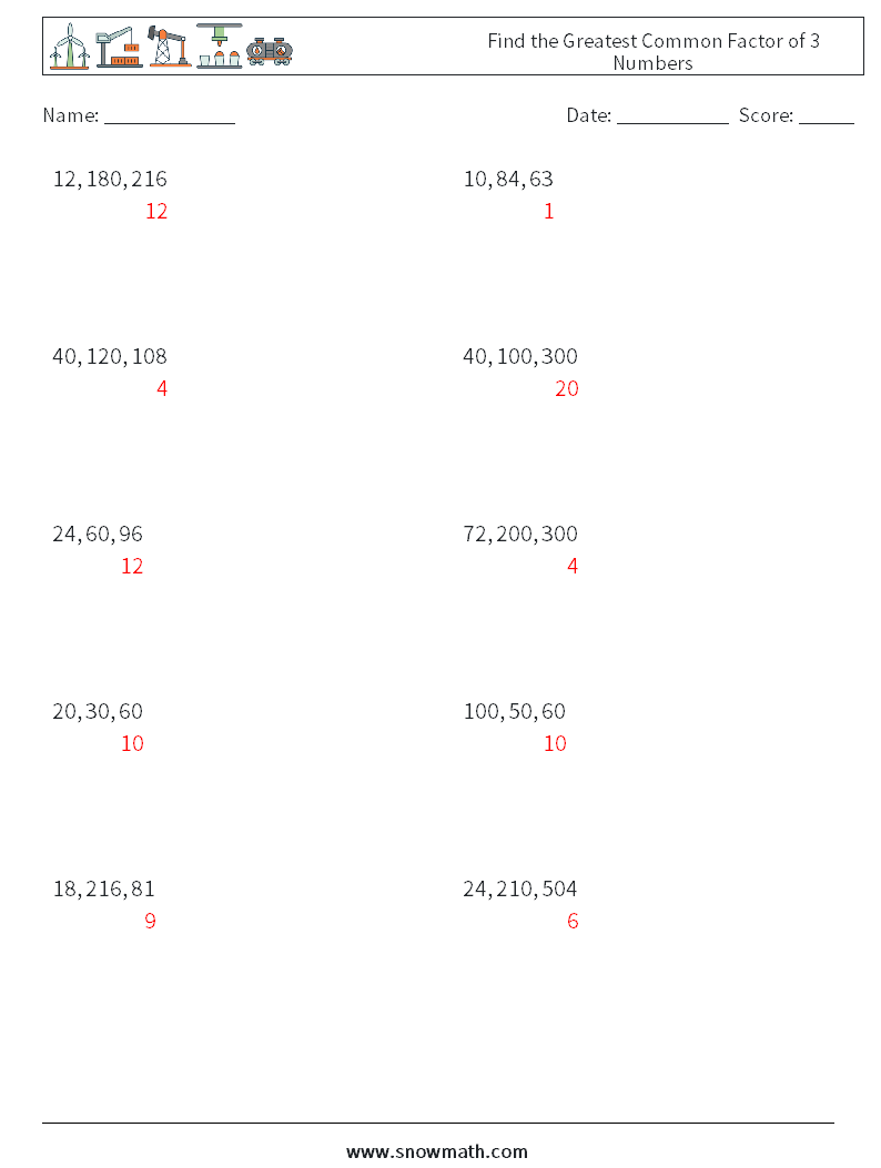 Find the Greatest Common Factor of 3 Numbers Math Worksheets 5 Question, Answer